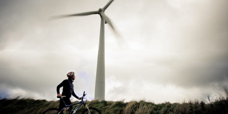 Man on bicycycle next to wind