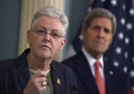 EPA Administrator Gina McCarthy, seen here speaking at the State Department on Feb. 18, 2015, as Secretary of State John Kerry looks on, has said there is a