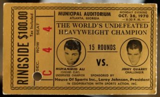 Former state Sen. Leroy Johnson's ticket to the Muhammad Ali vs. Jerry Quarry fight in 1970. Johnson used his political contacts to smooth the way for Ali to fight in Atlanta for his first fight after denouncing the Vietnam War. Ben Gray, bgray@ajc.com