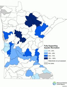 Minnesota map showing percent lakes fully supporting aquatic recreation